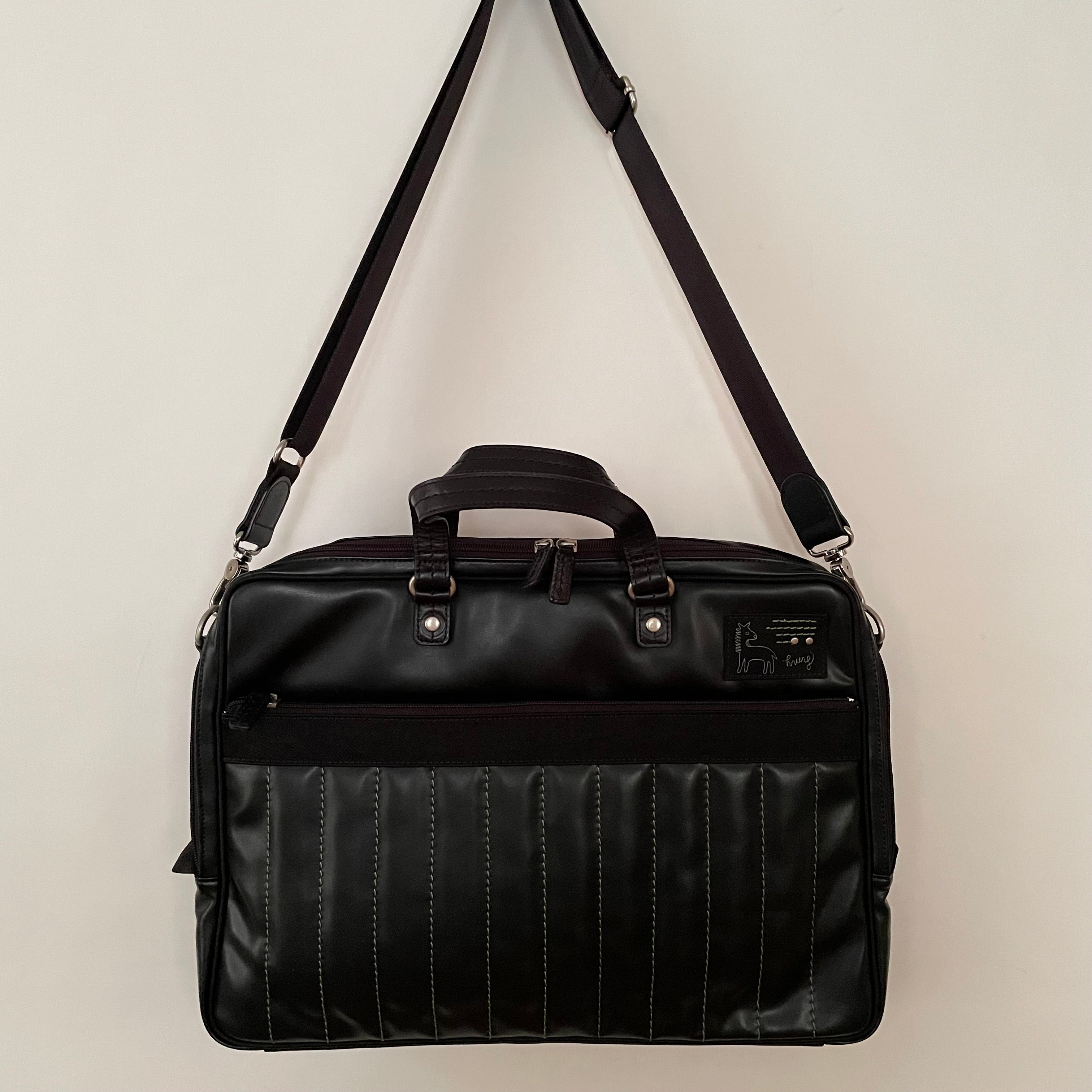 Premium Collection | Vegan Leather x Nylon x Leather Handles Briefcase with Stripe Stitch Accents | Black x Green